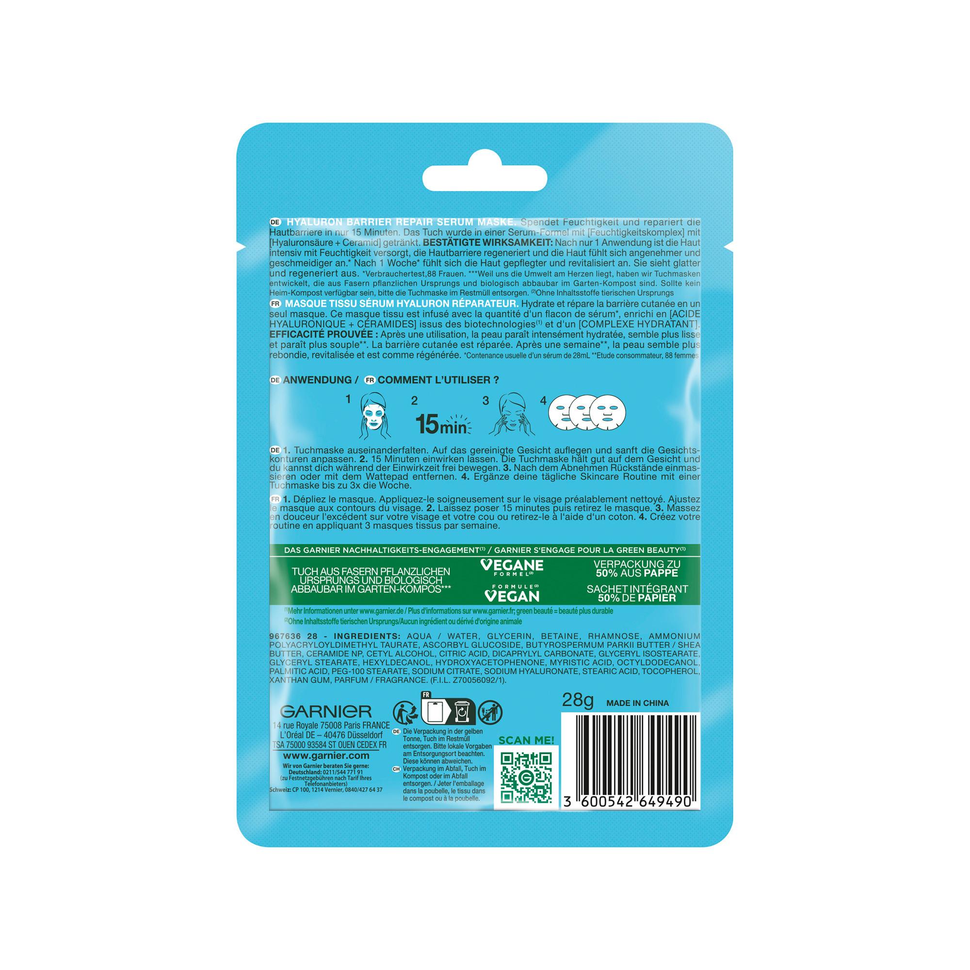 GARNIER  Hyaluron Barrier Repair Serum Maske 