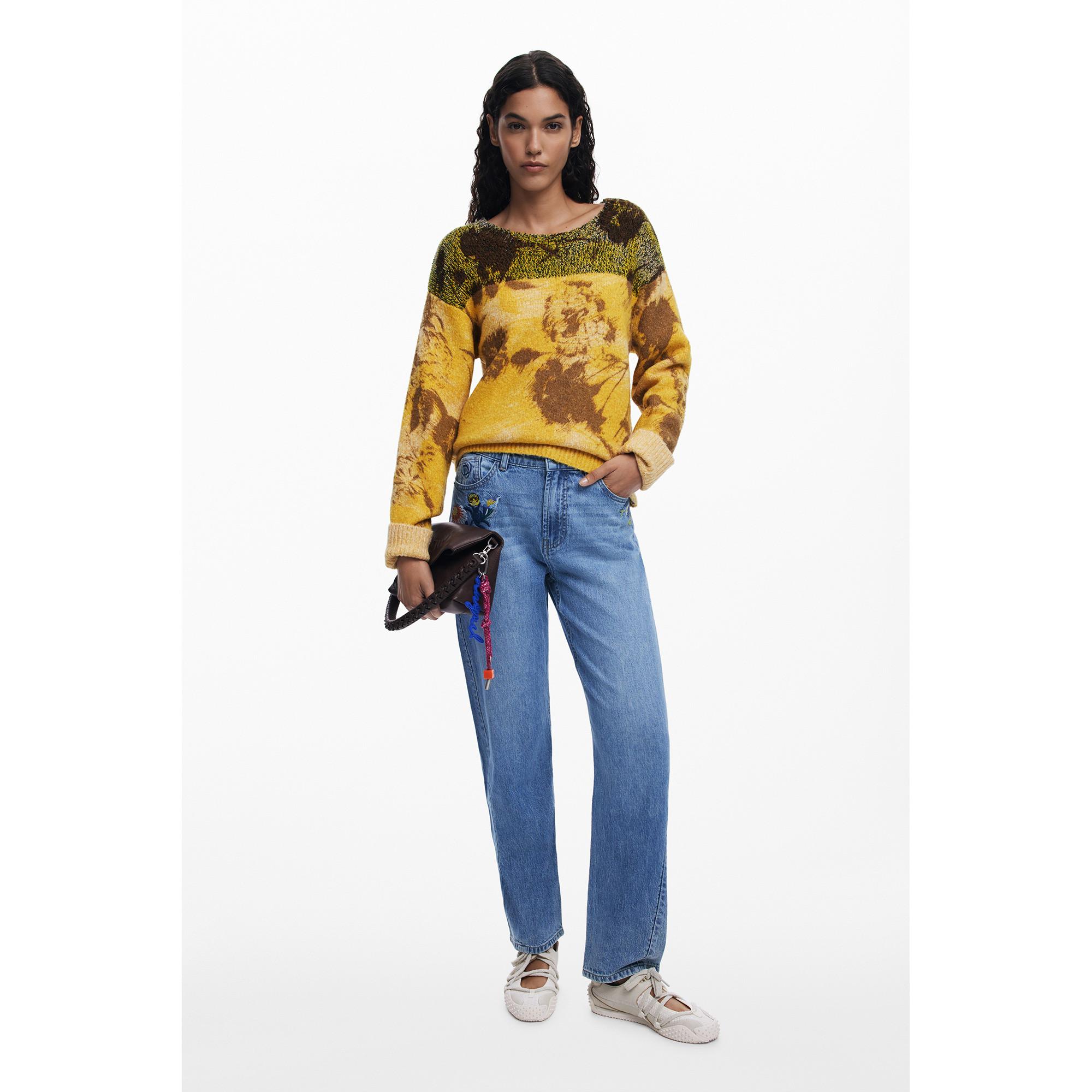 Desigual Straight Fit Jeans mit Blumenstickerei  
