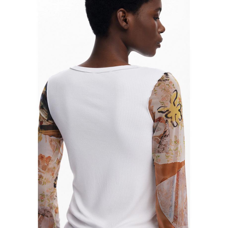 Desigual T-Shirt a costine a maniche lunghe con maniche in chiffon stampate  