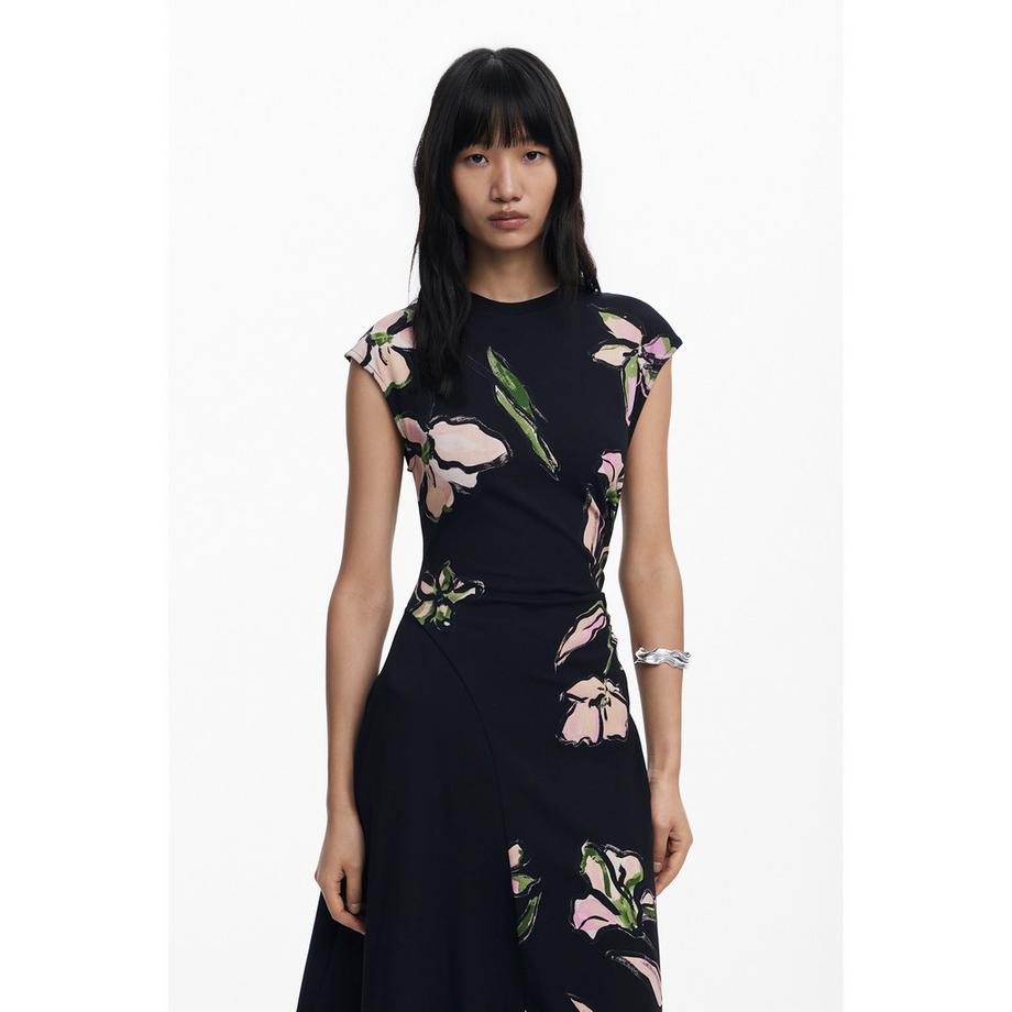 Desigual Blumenprint Asymmetrischer Saum Midi Kleid  