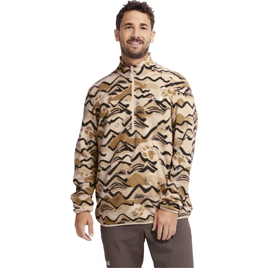 Fleecepullover JACK WOLFSKIN "PAW ERA 100 PRINT HZ M", Herren, Gr. XXL (58), mountain paw, Obermaterial: 100% Polyester, normal, Rundhals, Sweatshirts Fleecepullover