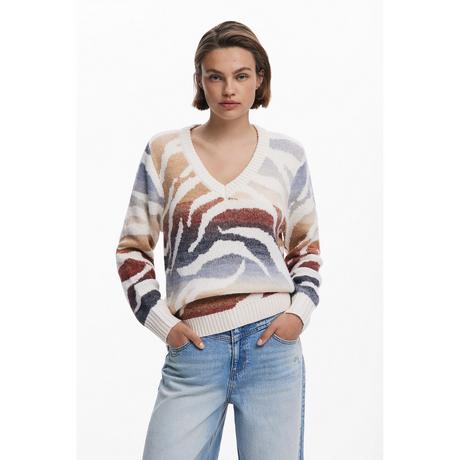 Desigual Floraler Jacquard Pullover mit Kontrastärmeln  