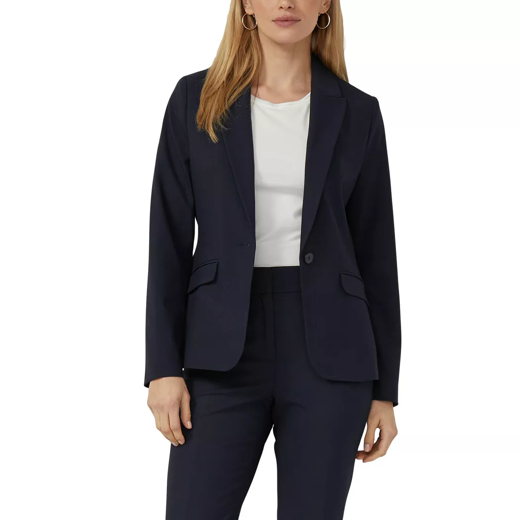 Jackenblazer S.OLIVER BLACK LABEL, Damen, Gr. 40, navy, Web, Obermaterial: 62% Polyester, 33% Viskose, 5% Elasthan. Futter: 100% Polyester, unifarben, tailliert hüftbedeckend, V-Ausschnitt, Blazer, mit 1-Knopf-Verschluss und Viskose-Stretch