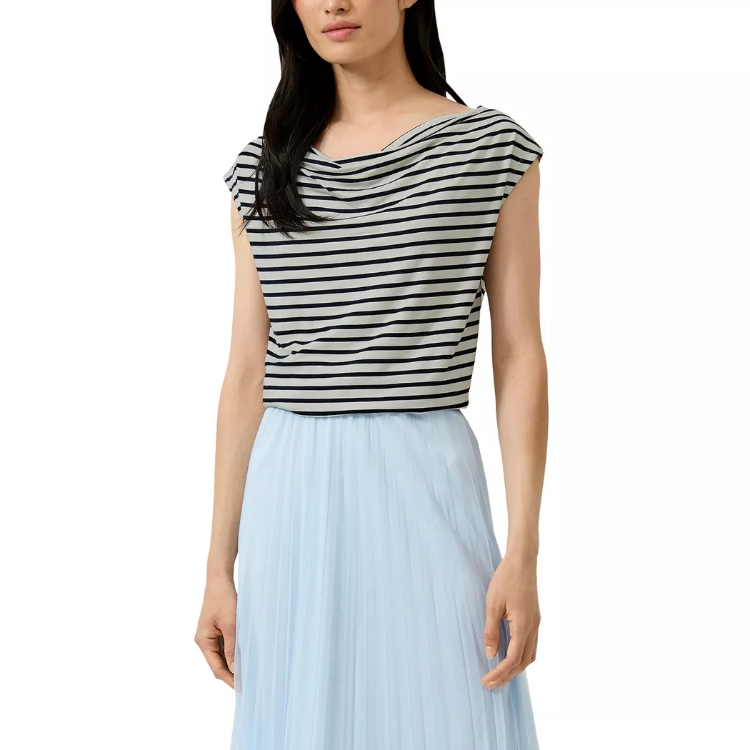 T-Shirt S.OLIVER BLACK LABEL, Damen, Gr. 44, weiß stripe, Jersey, Obermaterial: 95% Baumwolle, 5% Elasthan, gestreift, normal hüftbedeckend, Wasserfallausschnitt, Shirts T-Shirt, mit Wasserfallausschnitt und Streifen-Design
