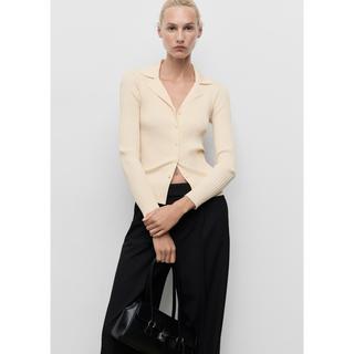 MANGO Latte Cardigan in Maglia a Costine con Collo a Revers  