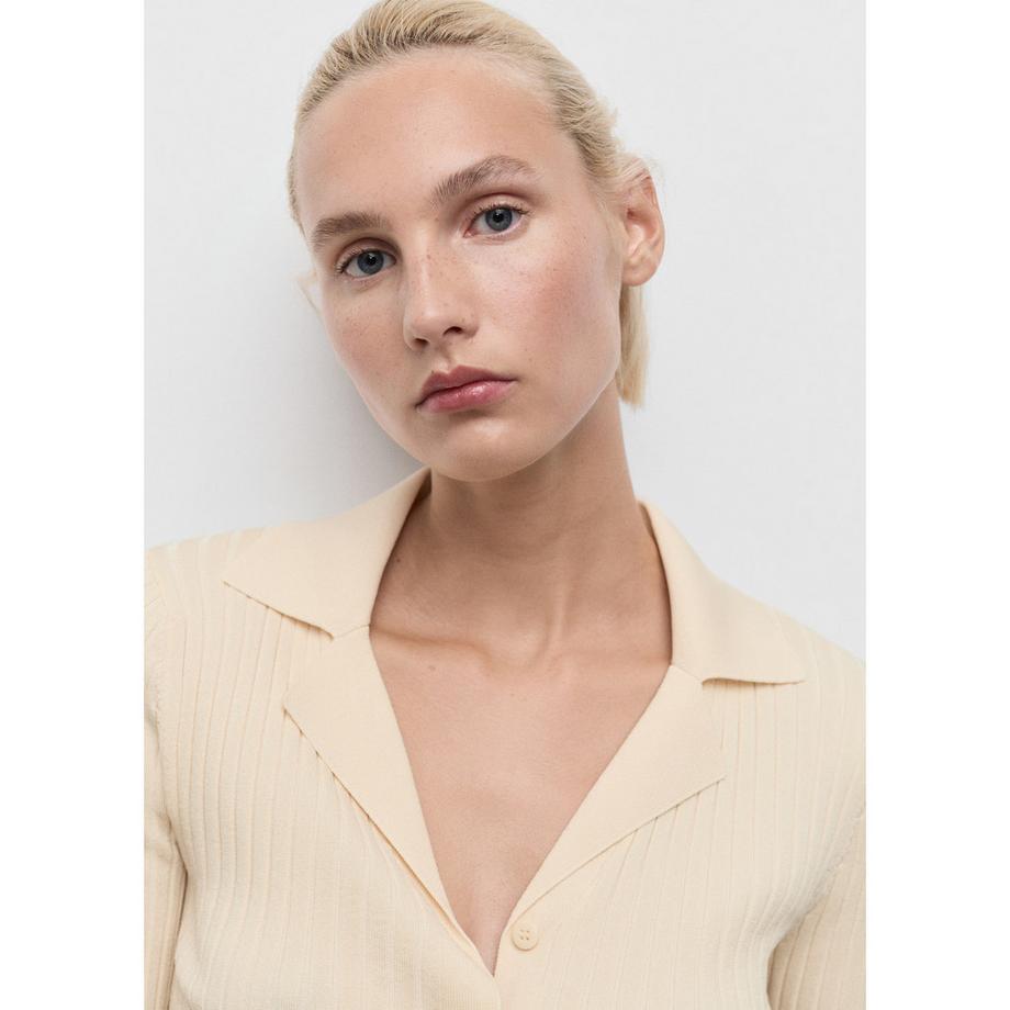 MANGO Latte Cardigan en Maille Côtelée avec Col Revers  