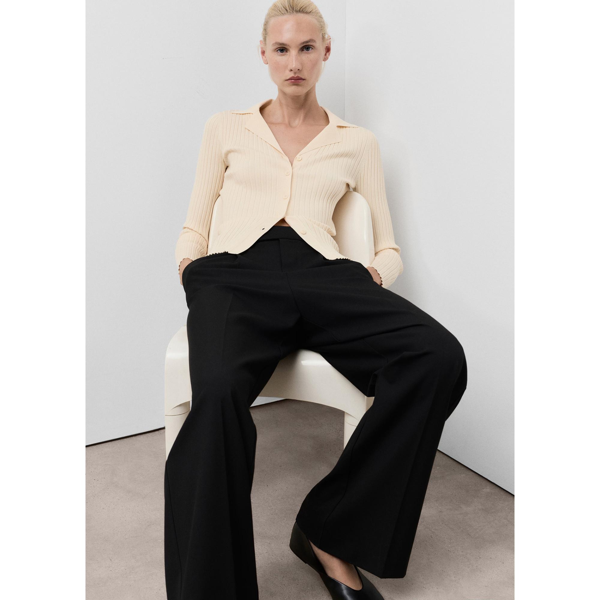 MANGO Latte Cardigan in Maglia a Costine con Collo a Revers  