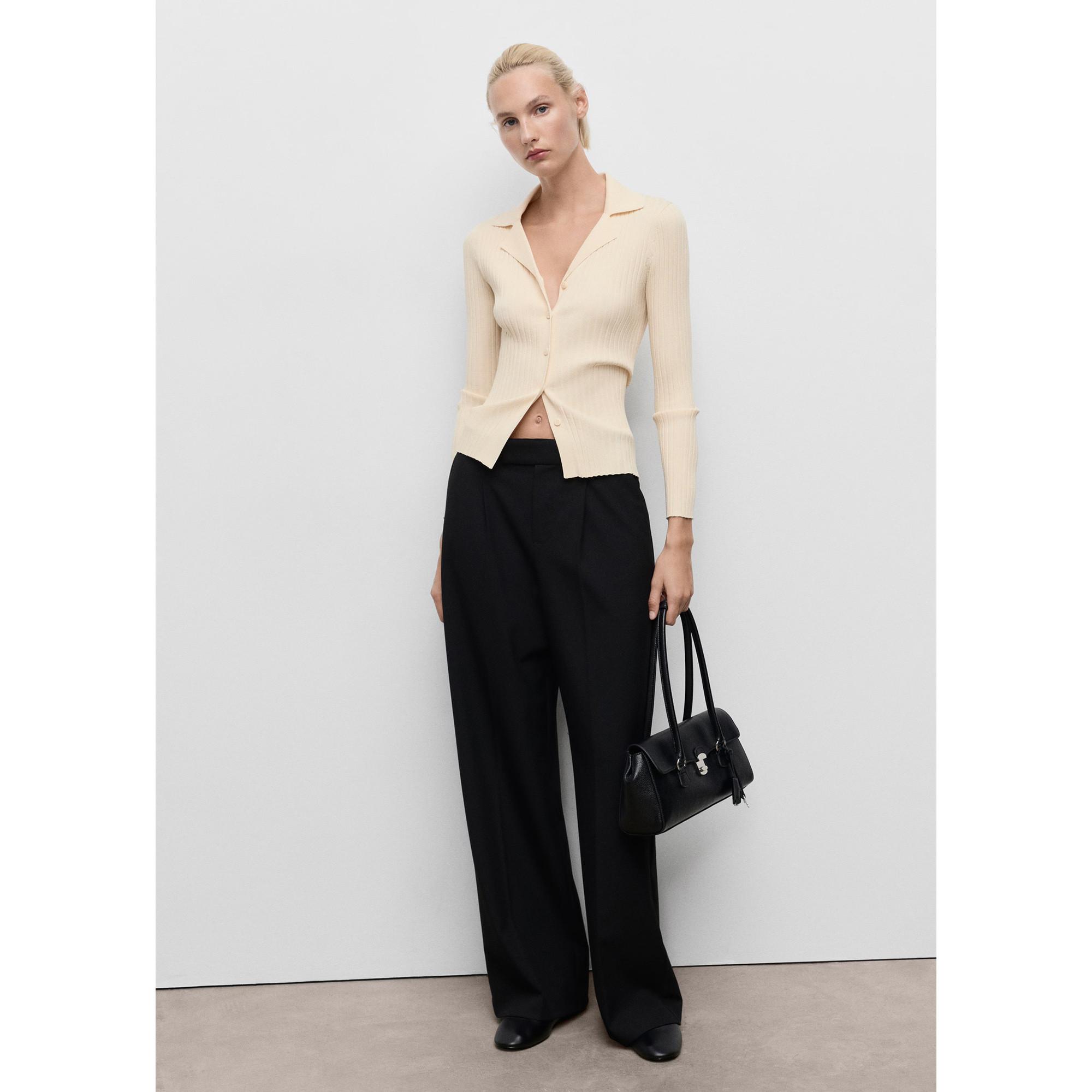 MANGO Latte Cardigan in Maglia a Costine con Collo a Revers  