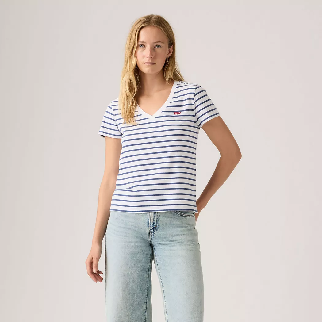 V-Shirt LEVI'S "PERFECT VNECK", Damen, Gr. M (38), hellweiß sunshine blau, Single Jersey, Obermaterial: 100% Baumwolle, gestreift, figurbetont normal, V-Ausschnitt, Shirts, mit Mini-Batwing-Logostickerei