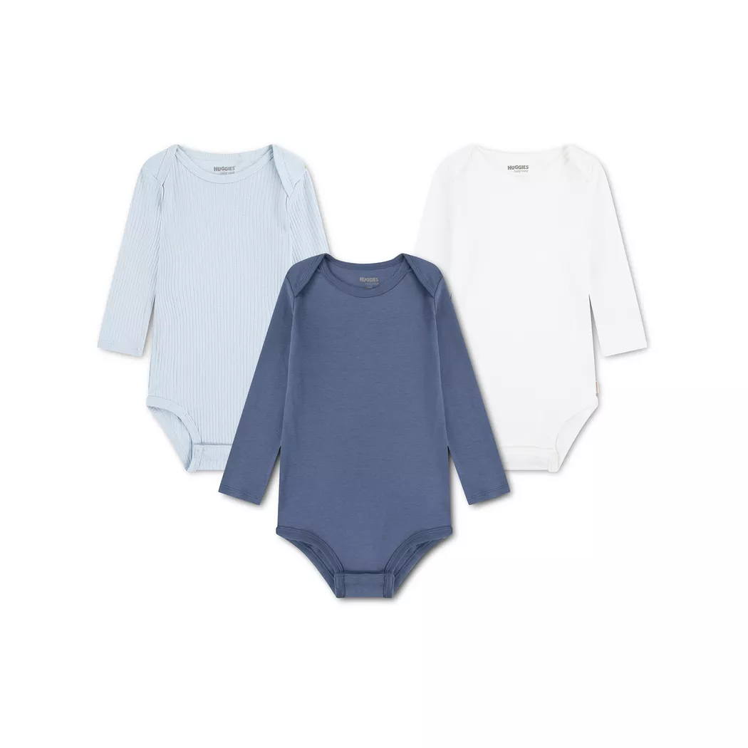 Langarmbody HUGGIES BABYWEAR "HUGB 3PK BODYSUIT", Jungen, Gr. 7 (92), N-Gr, huggies skyway, Feinripp, Obermaterial: 100% Baumwolle, unifarben, normal lang, Rundhals, abgerundeter Saum, Bodys, 3er-Pack, in Ripp-Optik 3