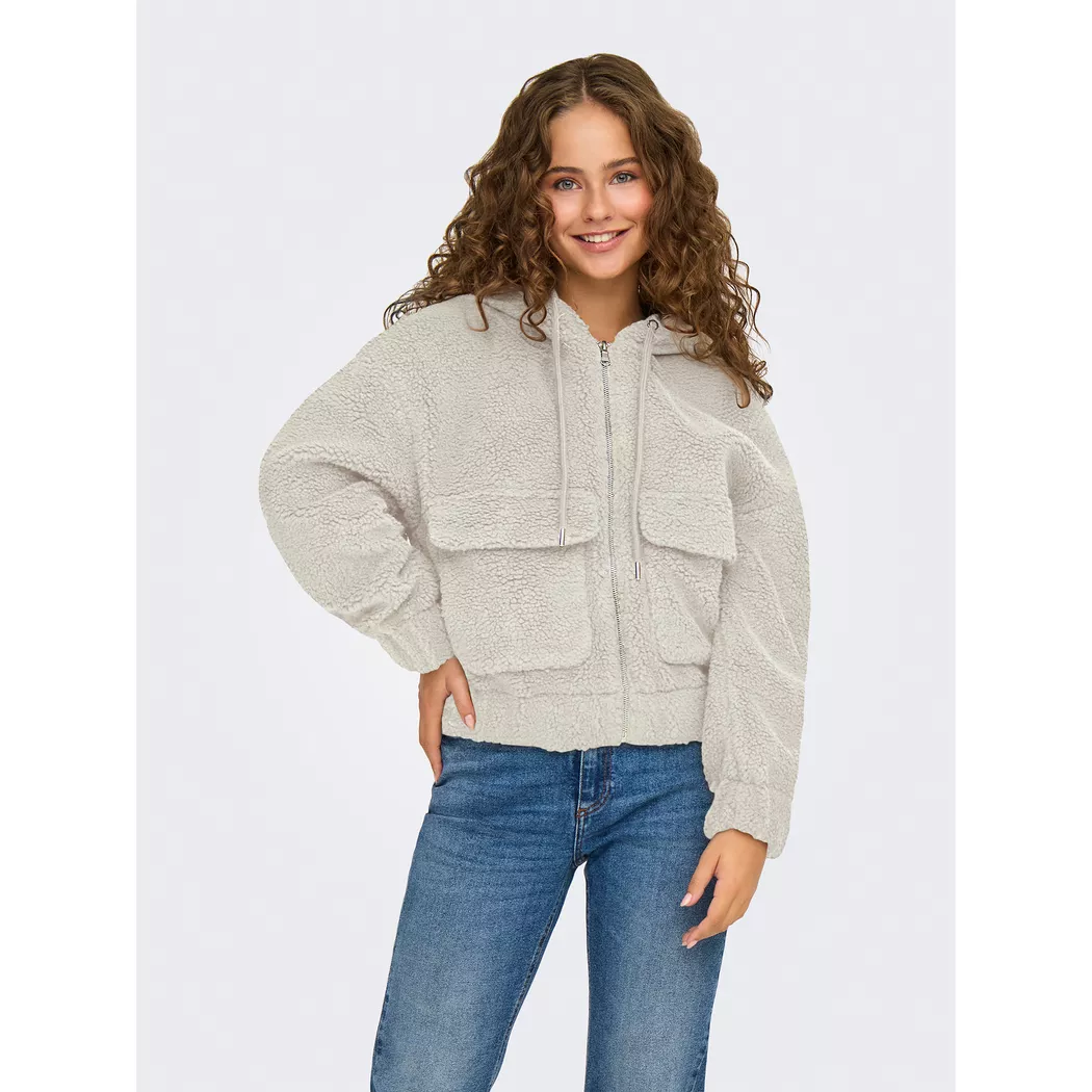Kapuzenplüschjacke ONLY "ONLTANJA TEDDY HOOD JACKET OTW NOOS", Damen, Gr. M, grau (pumice stone), Plüsch, Obermaterial: 100% Polyester, unifarben, regular fit normal, Bündchen, Jacken, Kunstfaser