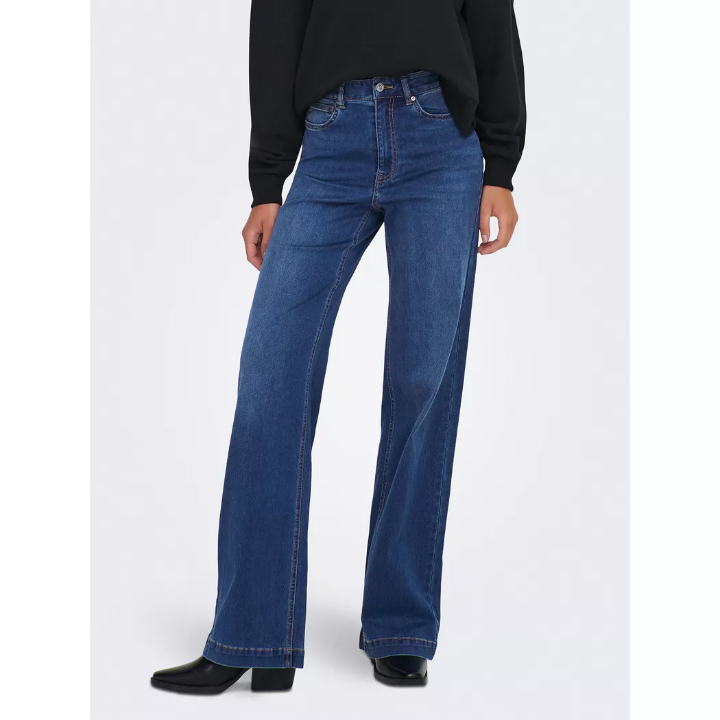 5-Pocket-Jeans ONLY "ONLMADISON – Weite Jeans mit hoher Taille und 5-Pocket-Design", Damen, Gr. XS (34), Länge 32, blau (dunkelblau denim), Denim/Jeans, Obermaterial: 92% Baumwolle, 6% Elastomultiester, 2% Elasthan, unifarben, Jeans 5-Pocket-Jeans, weit, 