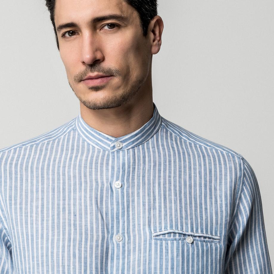 Manor Man Gestreiftes Langarm Regular Fit Hemd mit Stehkragen  