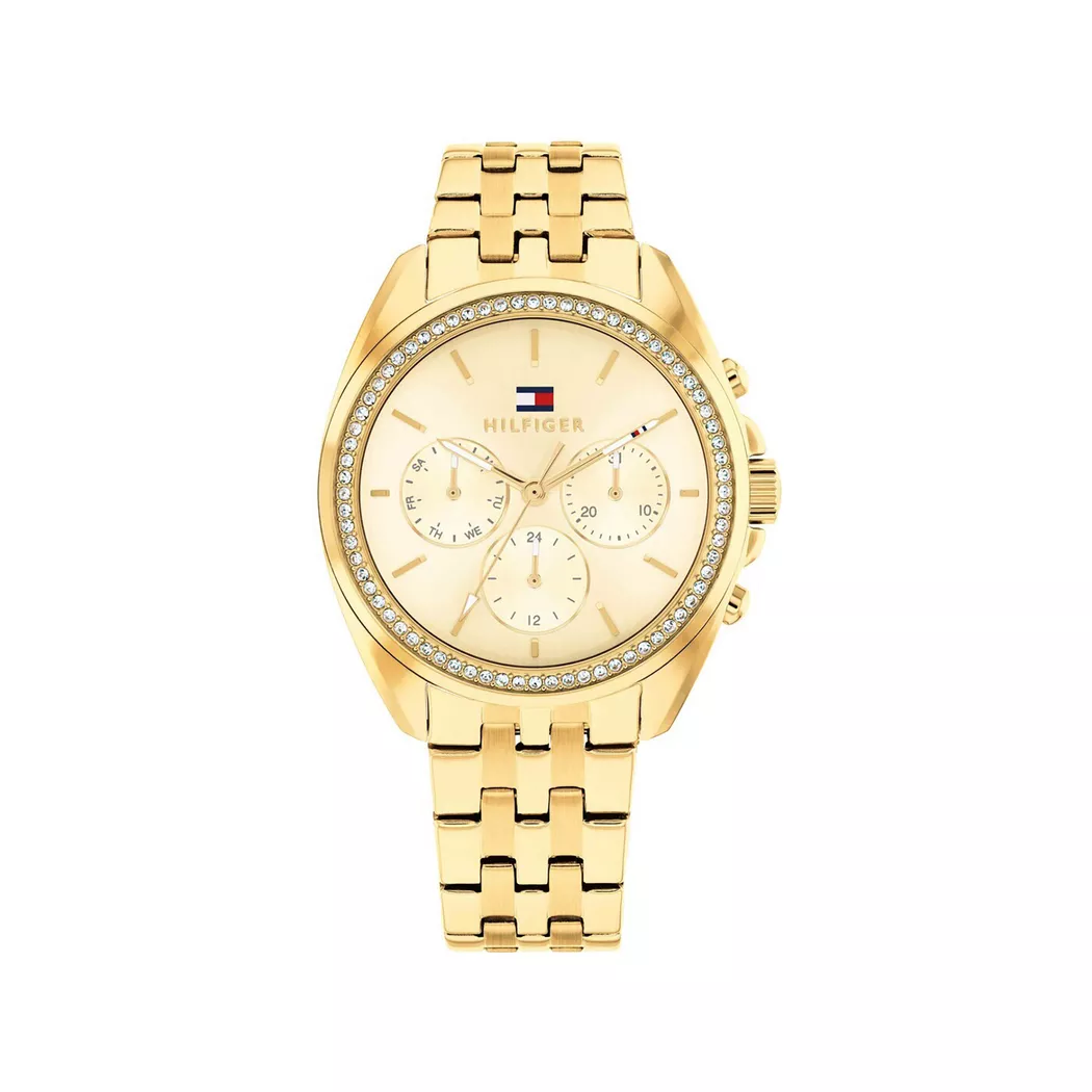 Multifunktionsuhr TOMMY HILFIGER "MELLIE", goldfarben, Armbanduhren, Damen, Quarzuhr, Armbanduhr, Damenuhr, Edelstahlarmband, analog