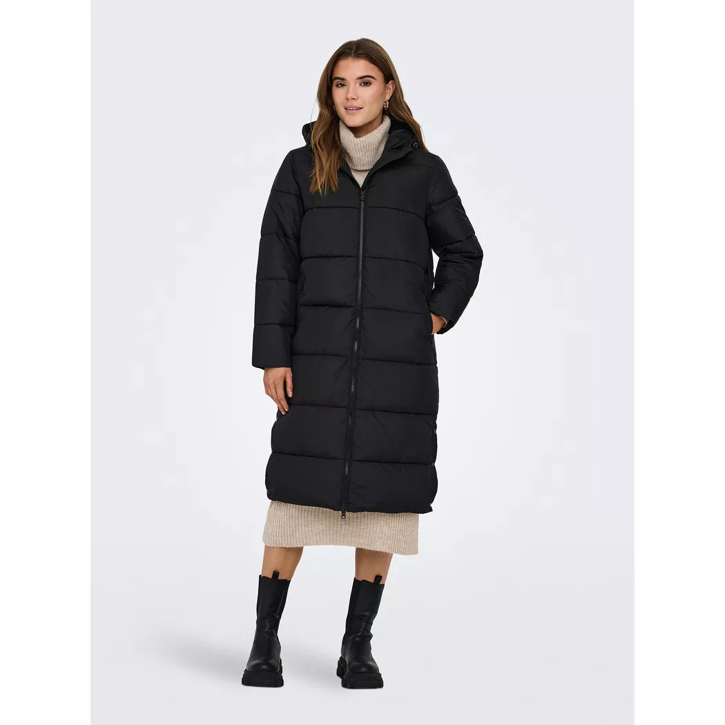 Steppmantel ONLY "ONLMONTANA LONG PUFFER JACKET NOOS OTW", Damen, Gr. S, schwarz, Steppware, Obermaterial: 100% Polyester, leicht glänzend, unifarben, regular fit ca. Mitte Wade, Mäntel Steppmantel, Kunstfaser