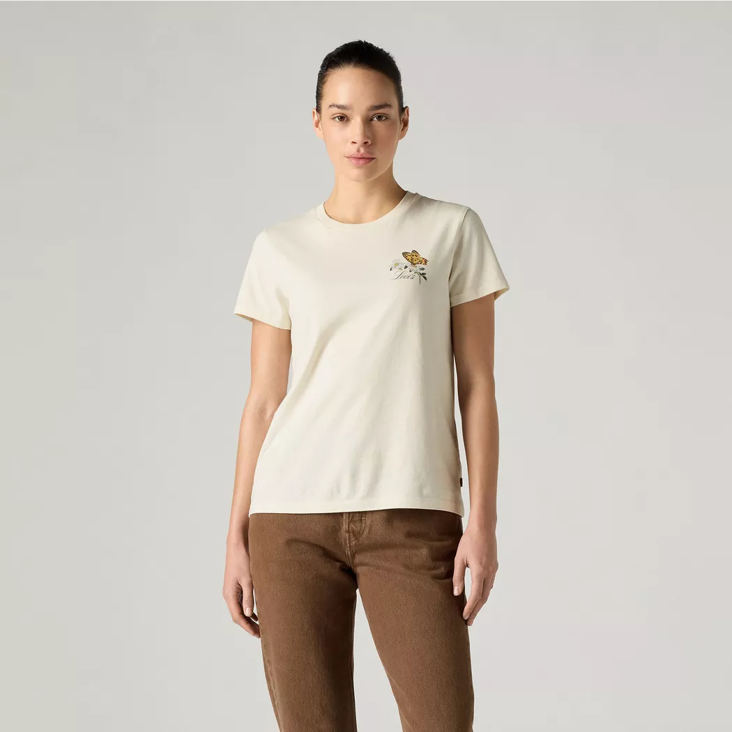 T-Shirt LEVI'S "THE PERFECT TEE", Damen, Gr. L (40), lse_butterfly on daisy egret, Single Jersey, Obermaterial: 100% Baumwolle, normal, Rundhals, abgesteppt, Shirts T-Shirt, mit Batwing-Logoprint