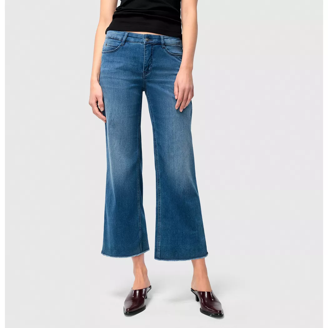 Weite Jeans MAC "DREAM WIDE", Damen, Gr. 42, N-Gr, storm blau authentic wash, Web, Obermaterial: 75% Baumwolle, 12% Modal, 9% Polyester, 4% Elasthan, Jeans, mit Fransen am Saum