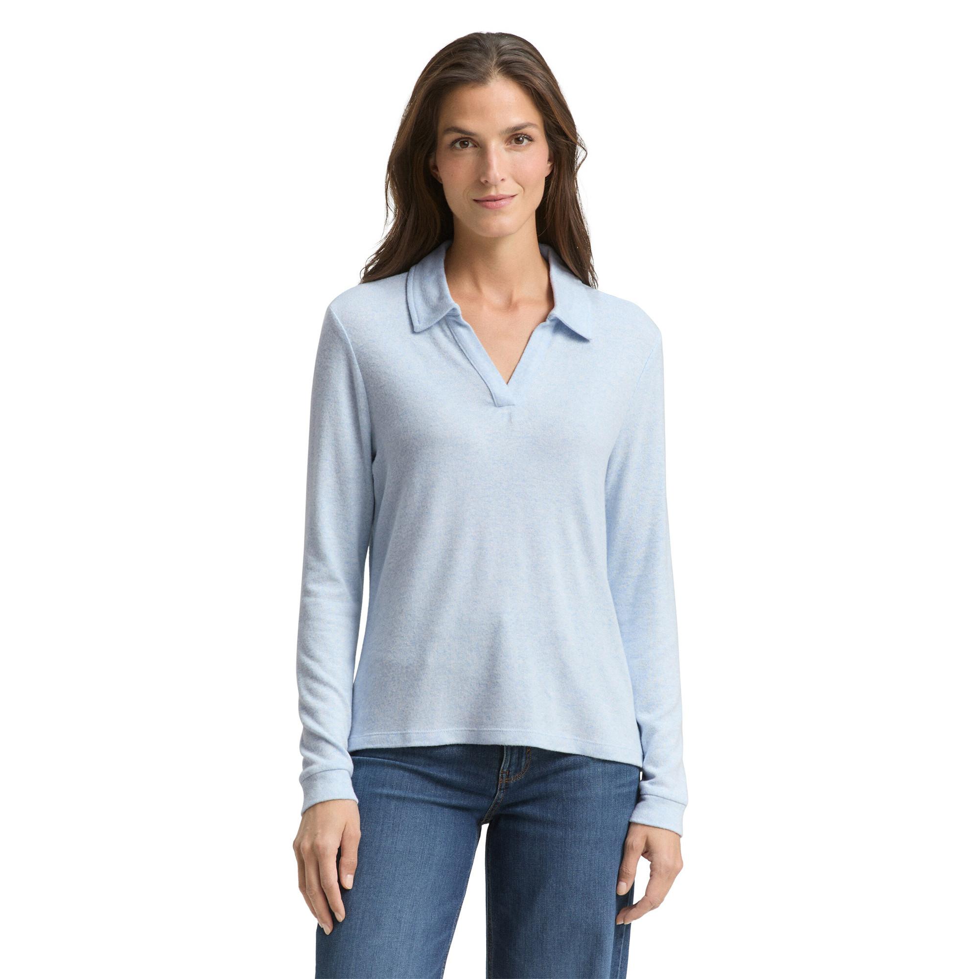 TOM TAILOR Langarm Polo V-Ausschnitt T-Shirt Melange Light Fjord Blue  