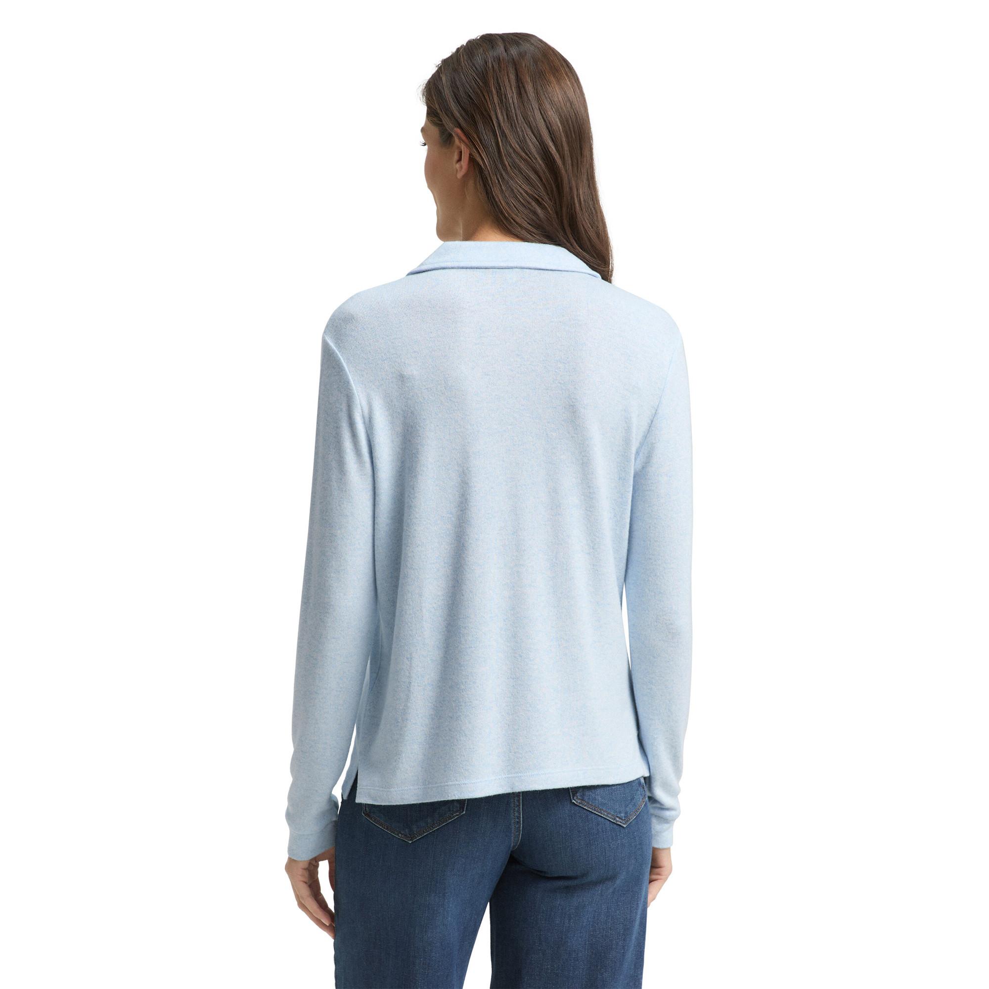 TOM TAILOR Langarm Polo V-Ausschnitt T-Shirt Melange Light Fjord Blue  