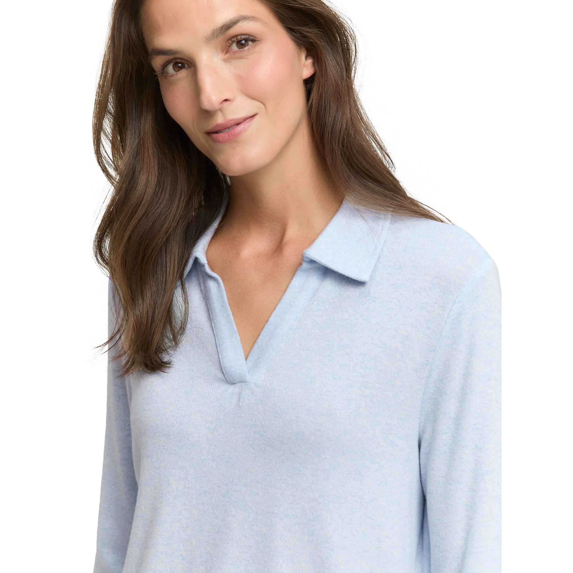 TOM TAILOR Langarm Polo V-Ausschnitt T-Shirt Melange Light Fjord Blue  