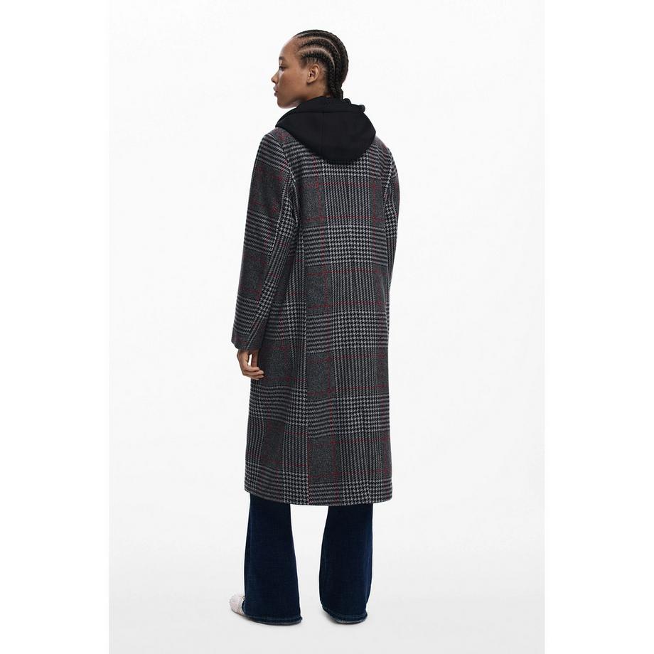 Desigual Lungo Cappotto in Lana a Quadri con Cappuccio Rimovibile  