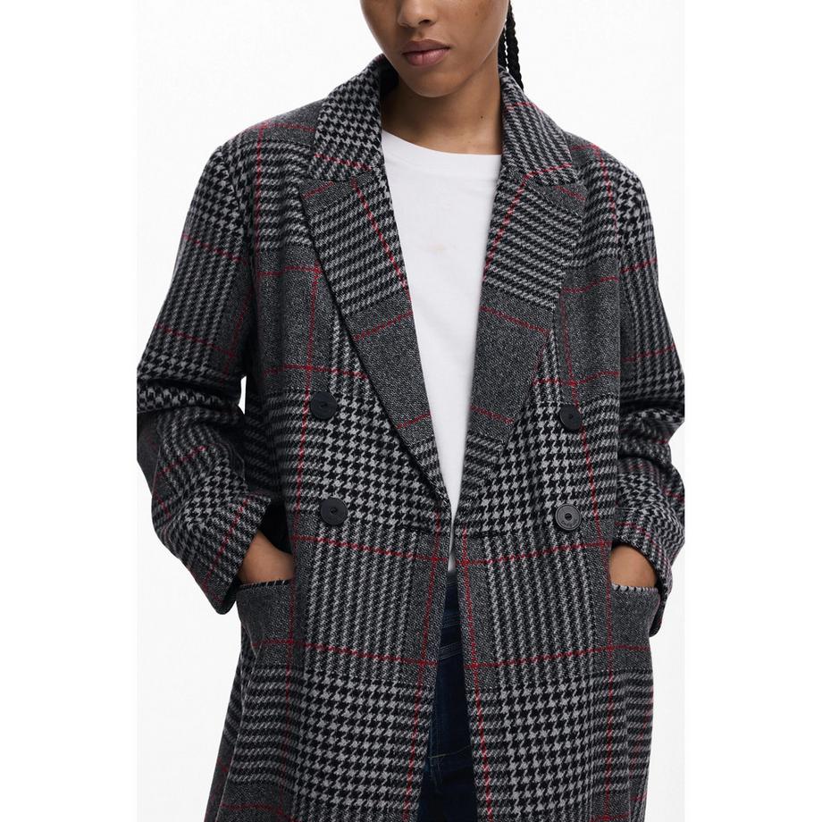Desigual Lungo Cappotto in Lana a Quadri con Cappuccio Rimovibile  