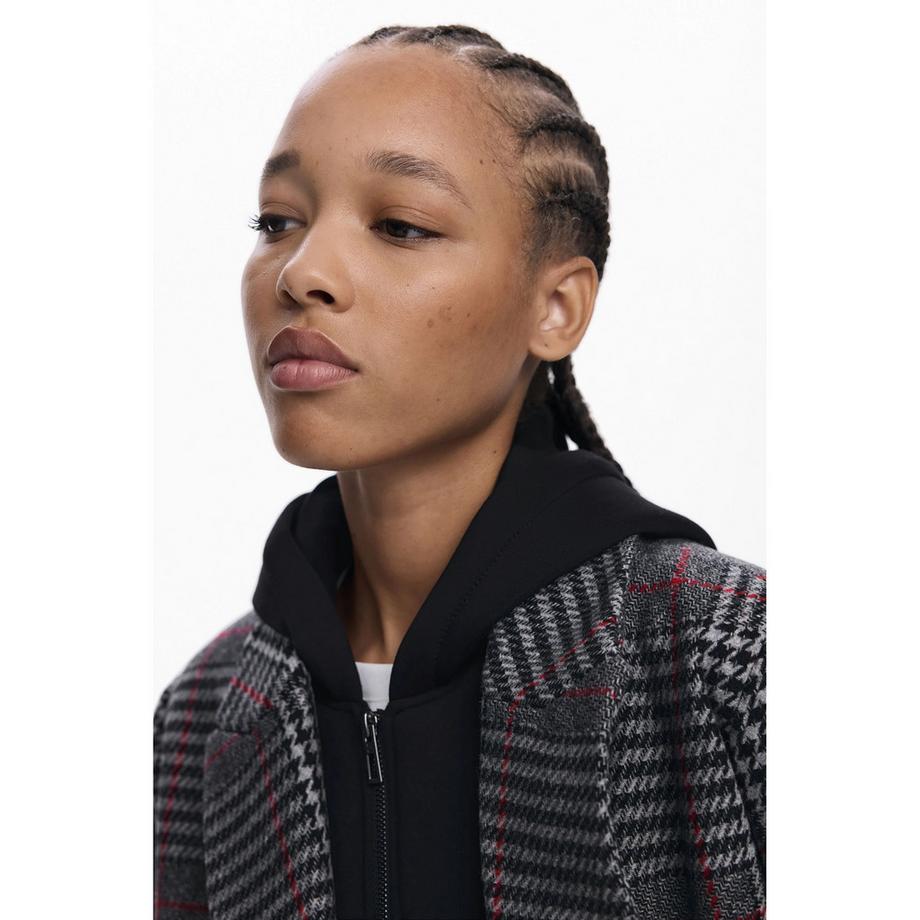 Desigual Lungo Cappotto in Lana a Quadri con Cappuccio Rimovibile  