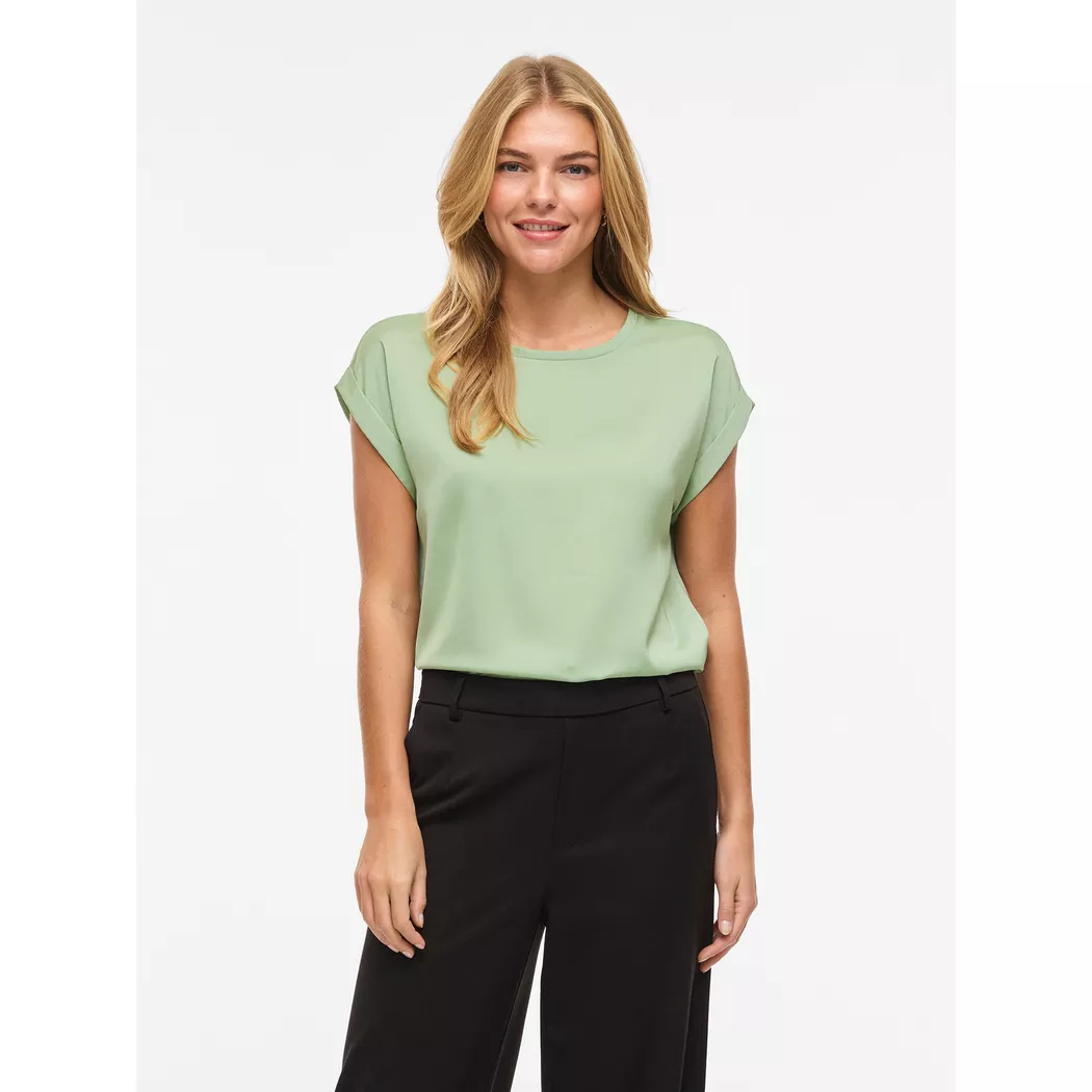 Kurzarmshirt VILA "VIELLETTE S/S SATIN TOP - NOOS", Damen, Gr. 36, smoke grün, Satin, Obermaterial: 100% Polyester, unifarben, regular fit normal, Rundhals, mit Umschlag, Shirts, Kunstfaser, regular fit