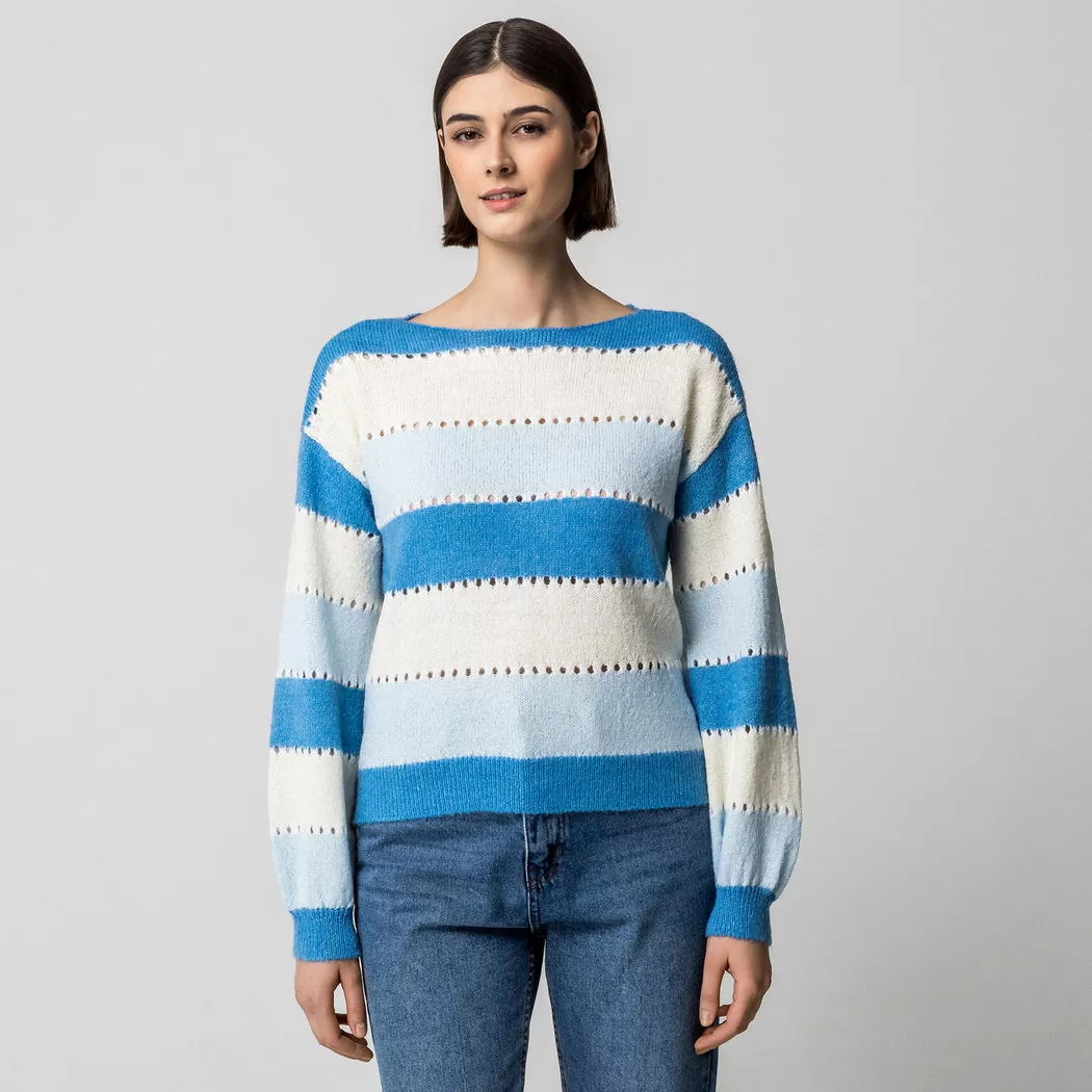 Rundhalspullover VILA "VILOWEN L/S POINTELLE KNIT TOP/PB", Damen, Gr. L, nantucket breeze, Strick, Obermaterial: 90% Baumwolle, 10% Nylon, unifarben, normal, Rundhals, Pullover Rundhalspullover