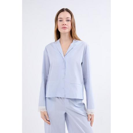 Etam Camicia da Notte a Righe Maniche Lunghe con Polsini in Pizzo  
