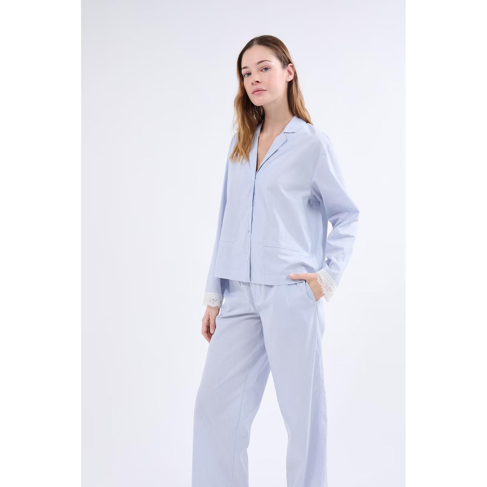Etam Camicia da Notte a Righe Maniche Lunghe con Polsini in Pizzo  