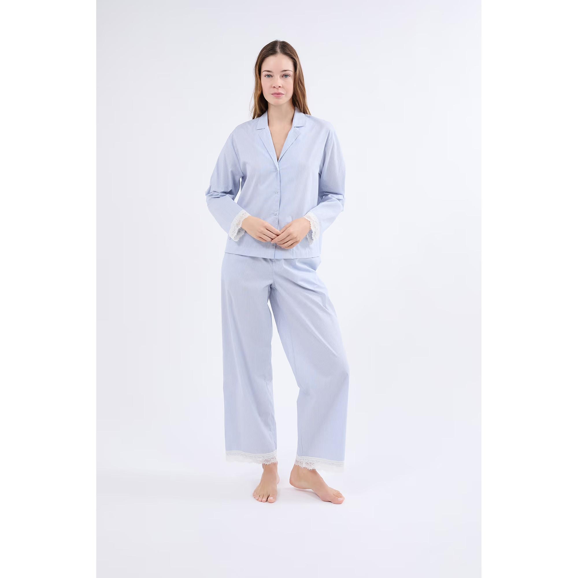 Etam Camicia da Notte a Righe Maniche Lunghe con Polsini in Pizzo  