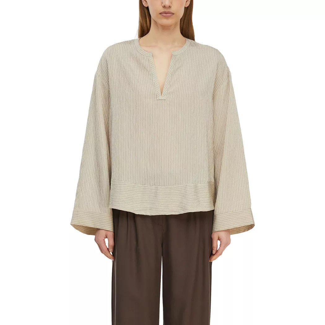 Schlupfbluse COMMA, Damen, Gr. 42, bone beige, Web, Obermaterial: 65% Viskose, 35% Polyester, gestreift, weit hüftbedeckend, V-Ausschnitt, weit, Blusen Schlupfbluse, Weite Passform