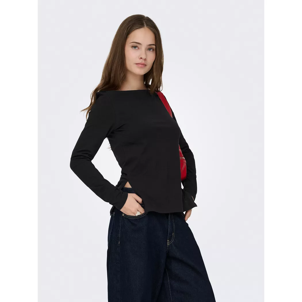 Langarmshirt ONLY "ONLKISS LIFE LS BOATNECK TOP CC JRS NOOS", Damen, Gr. M, schwarz, Jersey, Obermaterial: 95% Baumwolle, 5% Elasthan, unifarben, regular fit, Shirts Langarmshirt