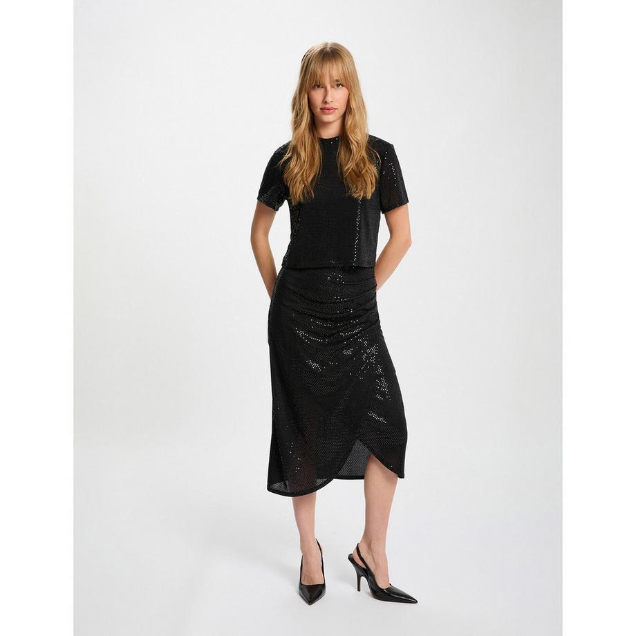 MORGAN T-Shirt Paillettes Manches Courtes Col Montant  