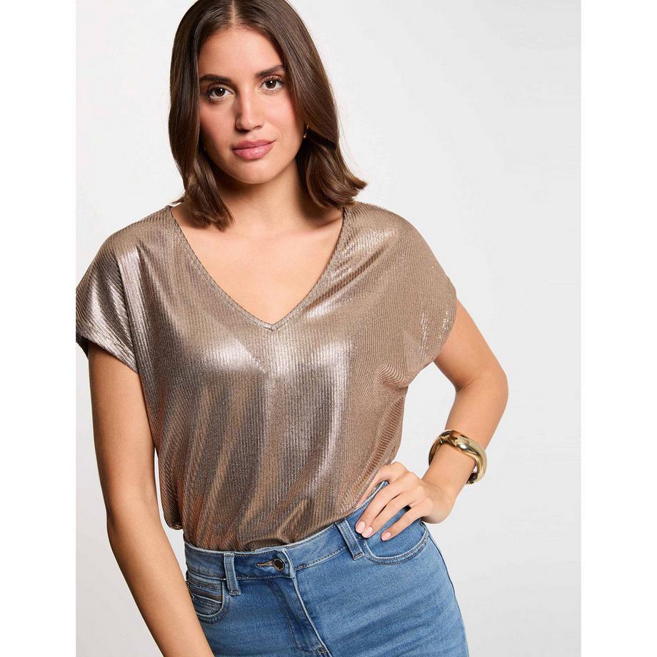 MORGAN T-Shirt Métallique Col V Manches Courtes  