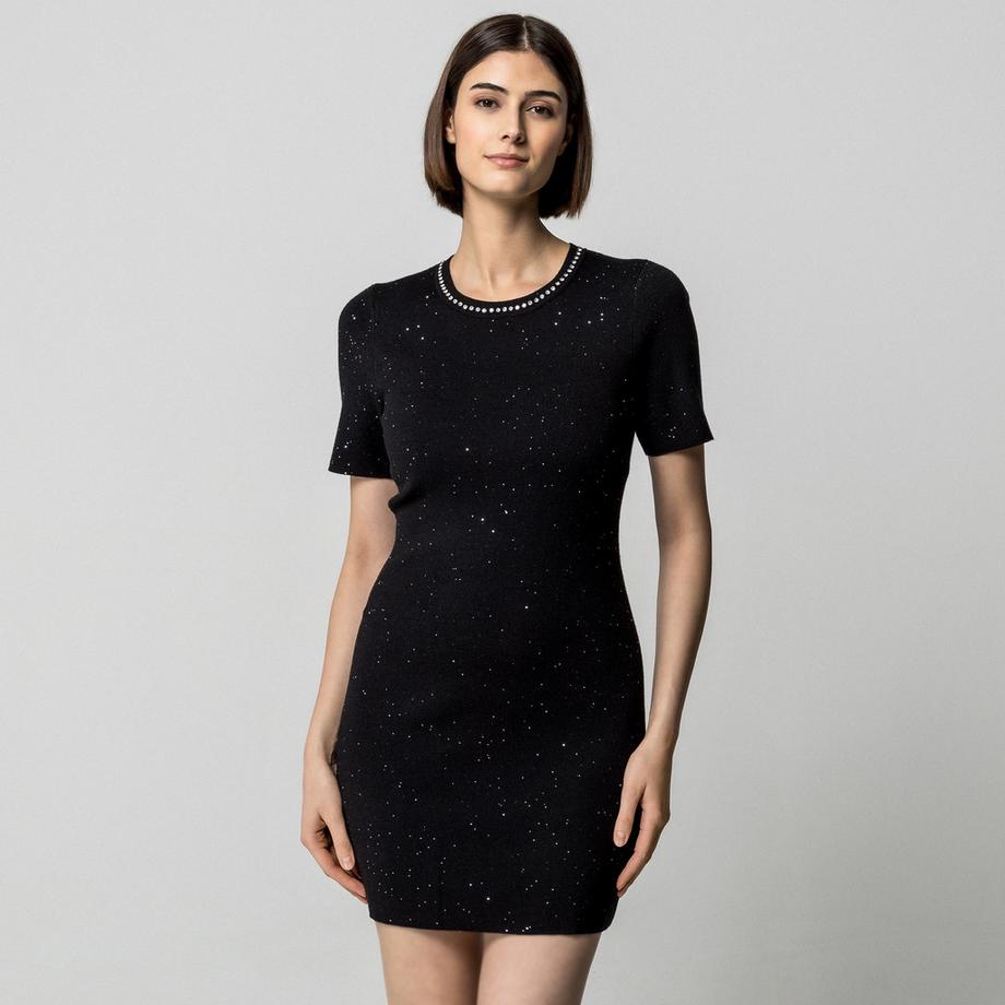 MORGAN Vestito Corto Maniche Corte a Costine con Strass  