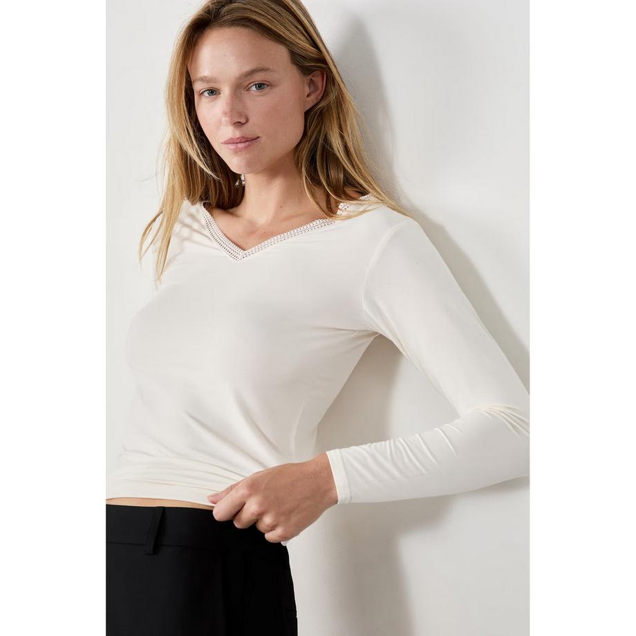 Etam T-shirt à manches longues col en V avec dentelle  