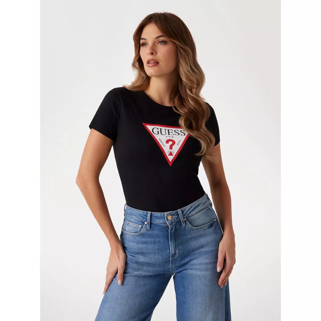 Guess T-shirt à Manches Courtes Camelia Triangle Jet Black A996 M Femme