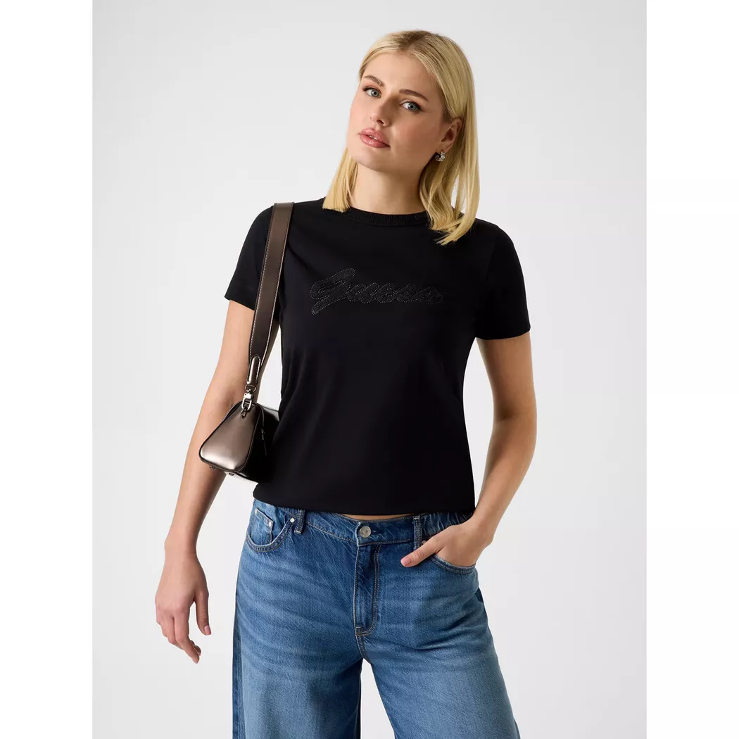 Guess pour femme. W1YI1BI3Z14 T-shirt à logo triangulaire noir (XL), Casuel, Coton, Manche courte