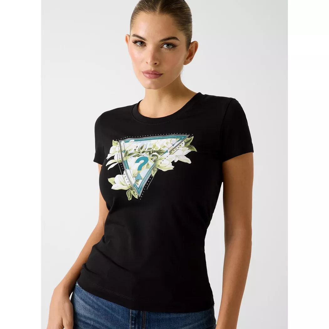 Guess pour femme. W1YI1BI3Z14 T-shirt à logo triangulaire noir (S), Casuel, Coton, Manche courte