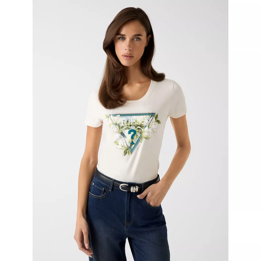 Guess T-shirt à Manches Courtes Camelia Triangle Cream White S Femme