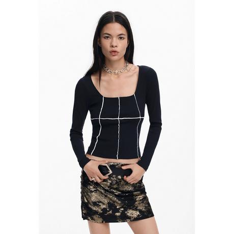 Desigual T-shirt à manches longues col carré avec surpiqûres contrastées  