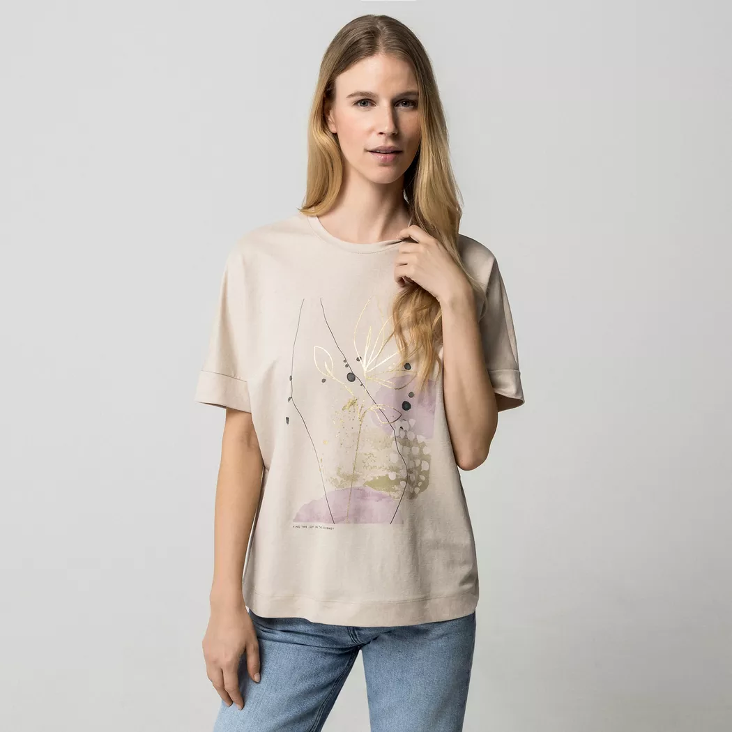Kurzarmshirt ONLY "ONLJANY S/S O-NECK PRINT TOP BOX JRS", Damen, Gr. XS, pumice stone print:janey journey, Jersey, Obermaterial: 53% Viskose, 47% Nylon, normal, Rundhals, angesetztes Bündchen, Shirts, Viskosemischung, regular fit, Rundhals