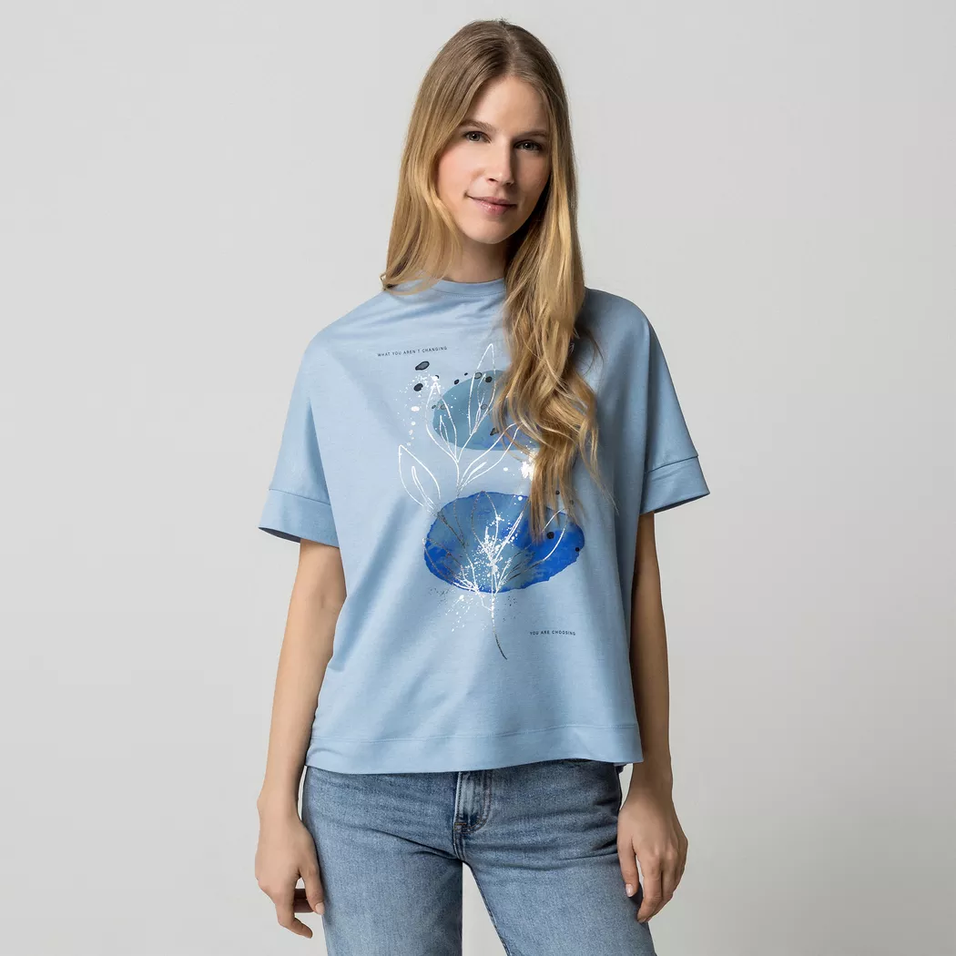 Kurzarmshirt ONLY "ONLJANY S/S O-NECK PRINT TOP BOX JRS", Damen, Gr. S, soft chambray print:janey choosing, Jersey, Obermaterial: 53% Viskose, 47% Nylon, normal, Rundhals, angesetztes Bündchen, Shirts, Viskosemischung, regular fit, Rundhals