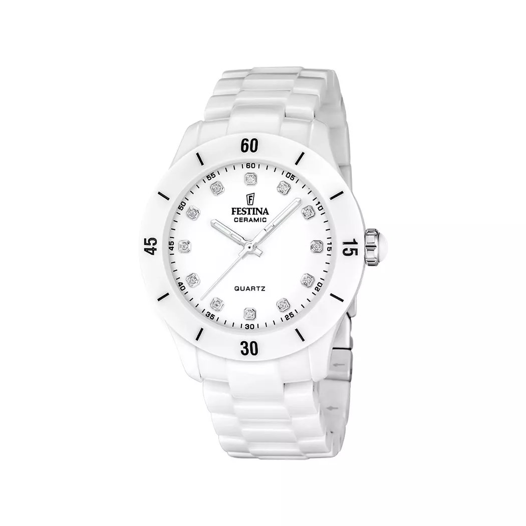 Keramikuhr FESTINA "Ceramic", weiß, weiß, Armbanduhren, Damen, Quarzuhr, Armbanduhr, Damenuhr, analog, Zirkonia (synth.)