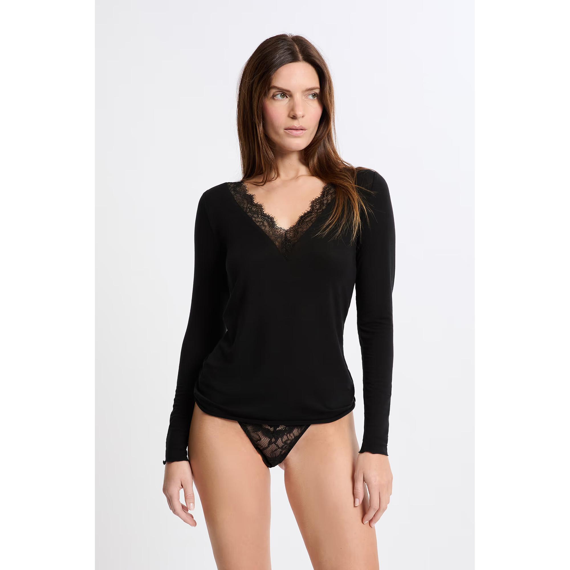 Etam Top Manches Longues Col V Bordure Dentelle  