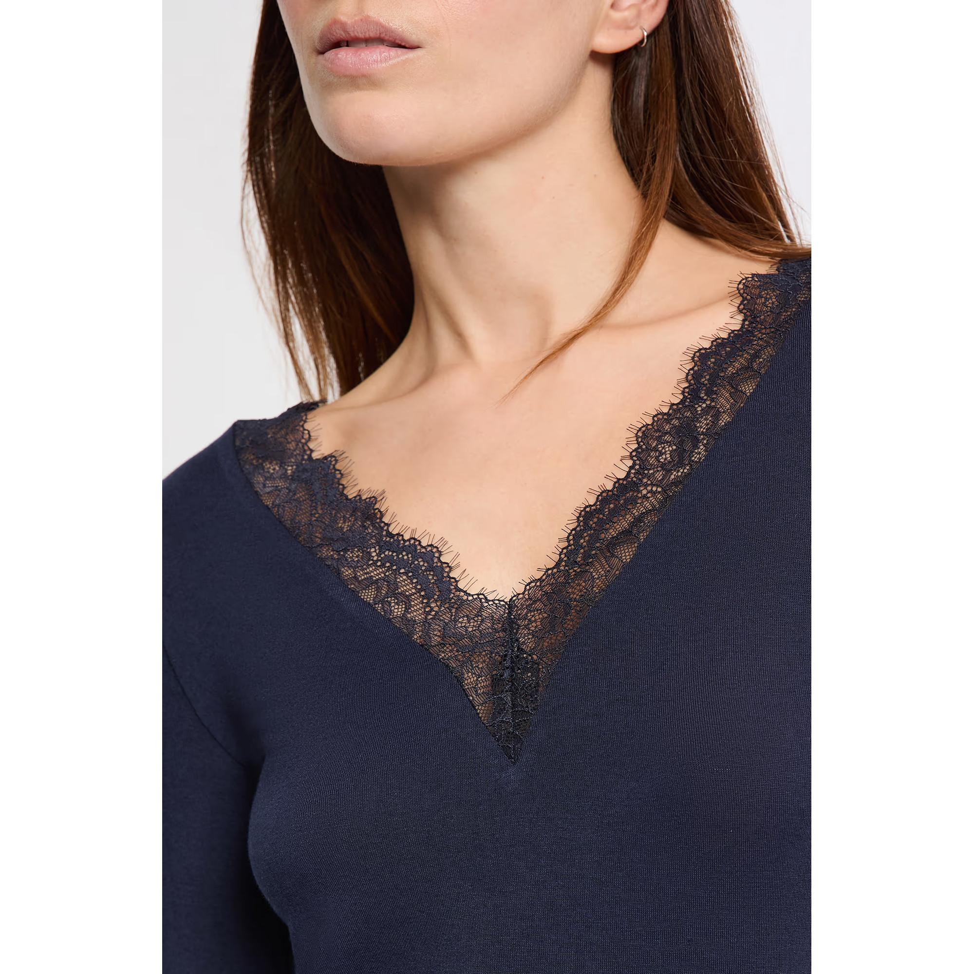 Etam Top Manches Longues Col V Bordure Dentelle  