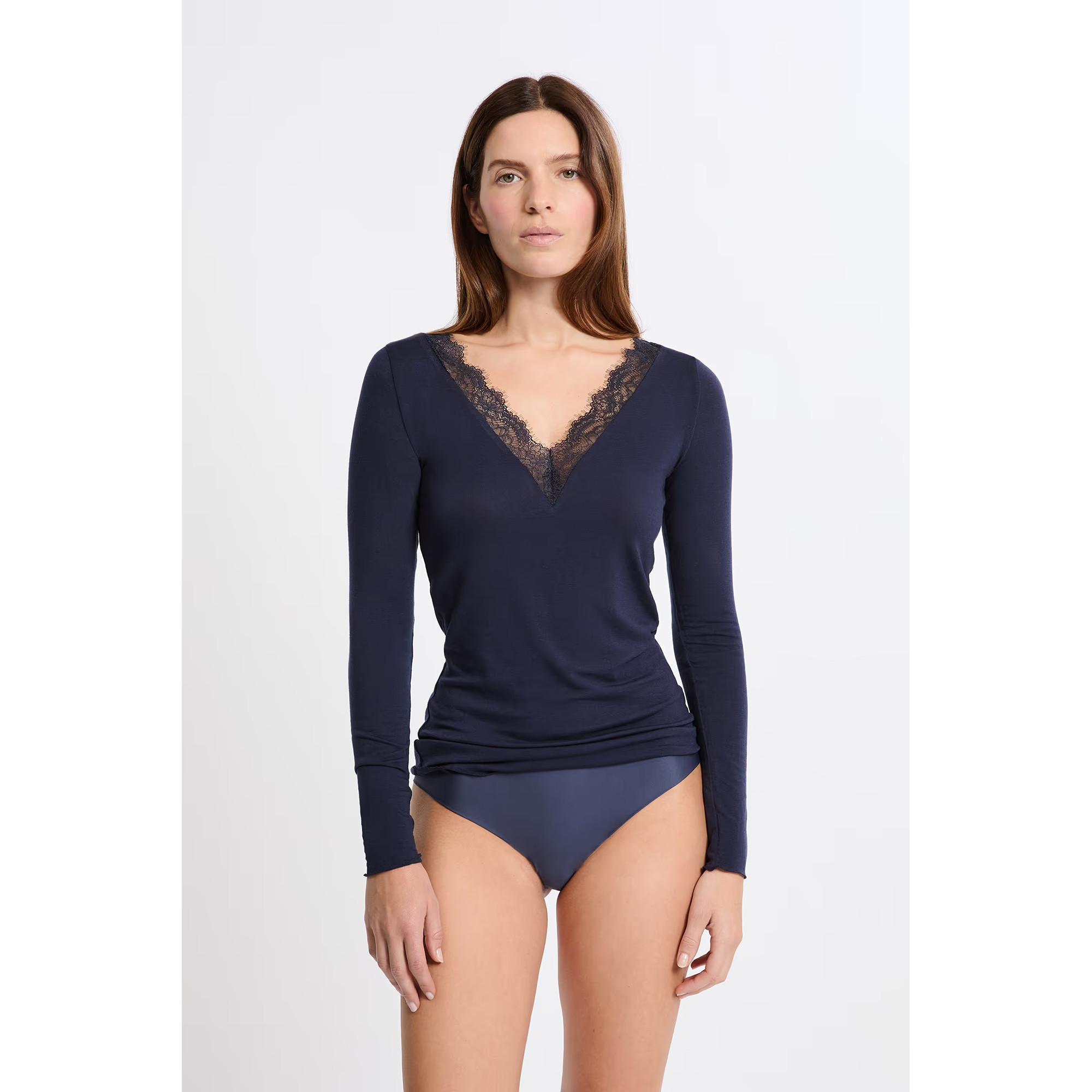 Etam Top Manches Longues Col V Bordure Dentelle  