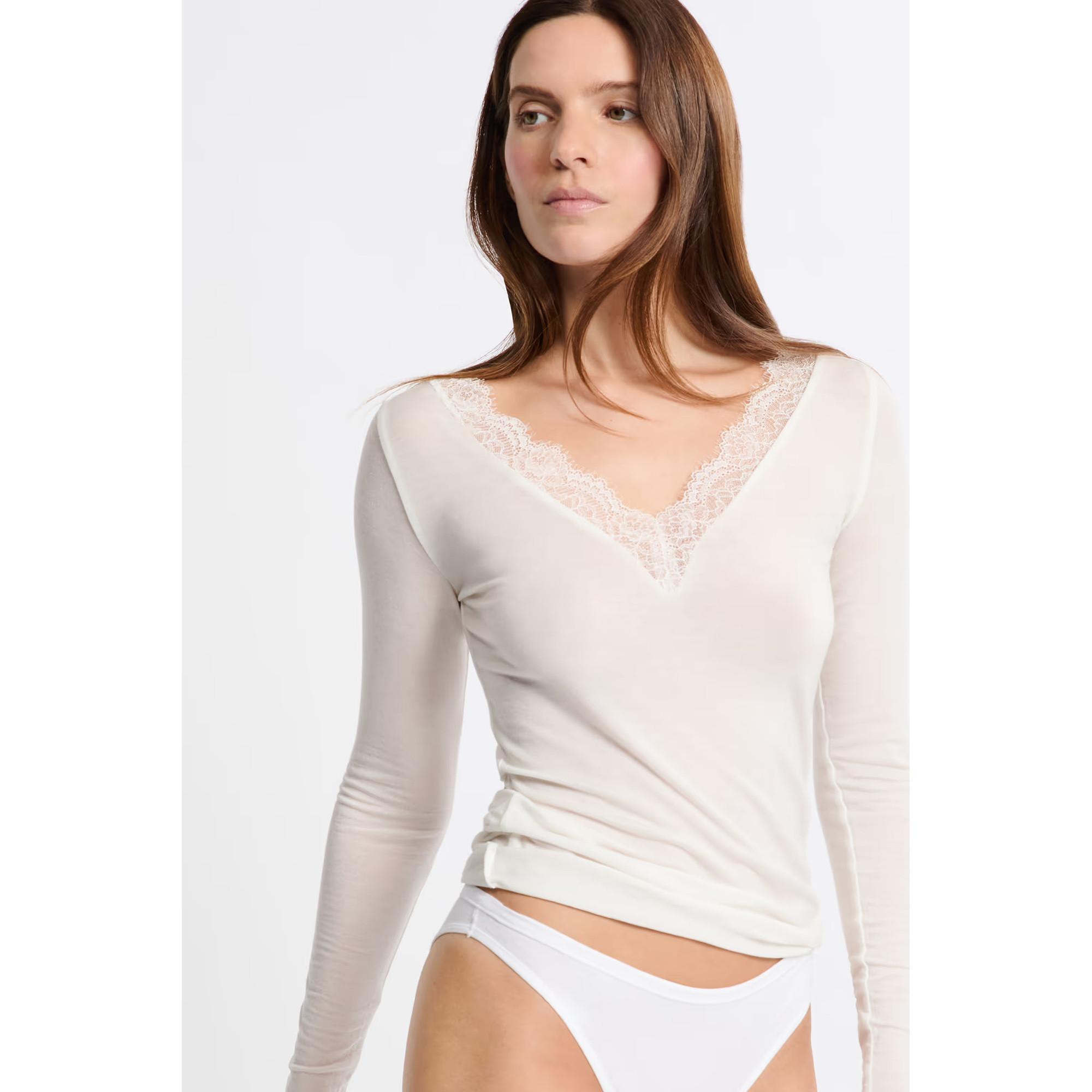 Etam Top Maniche Lunghe Scollo a V Bordo in Pizzo  